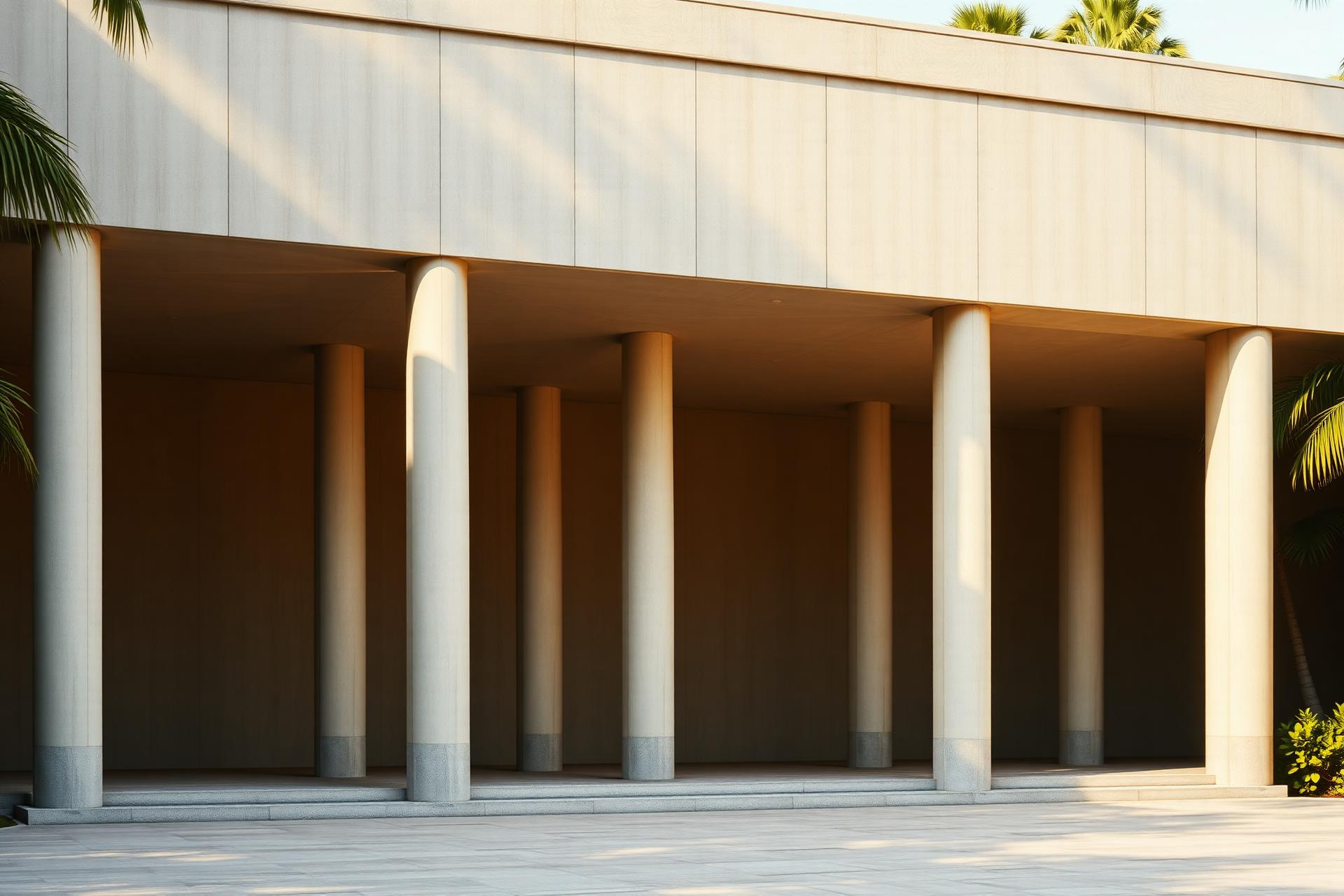 Fachada de arquitetura contemporânea com colunas de concreto e luz tropical